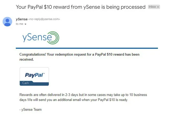 ySense Survey Payment Proof